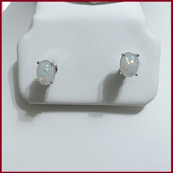 White Fire Opal Stud Earrings - Picture 2 of 3